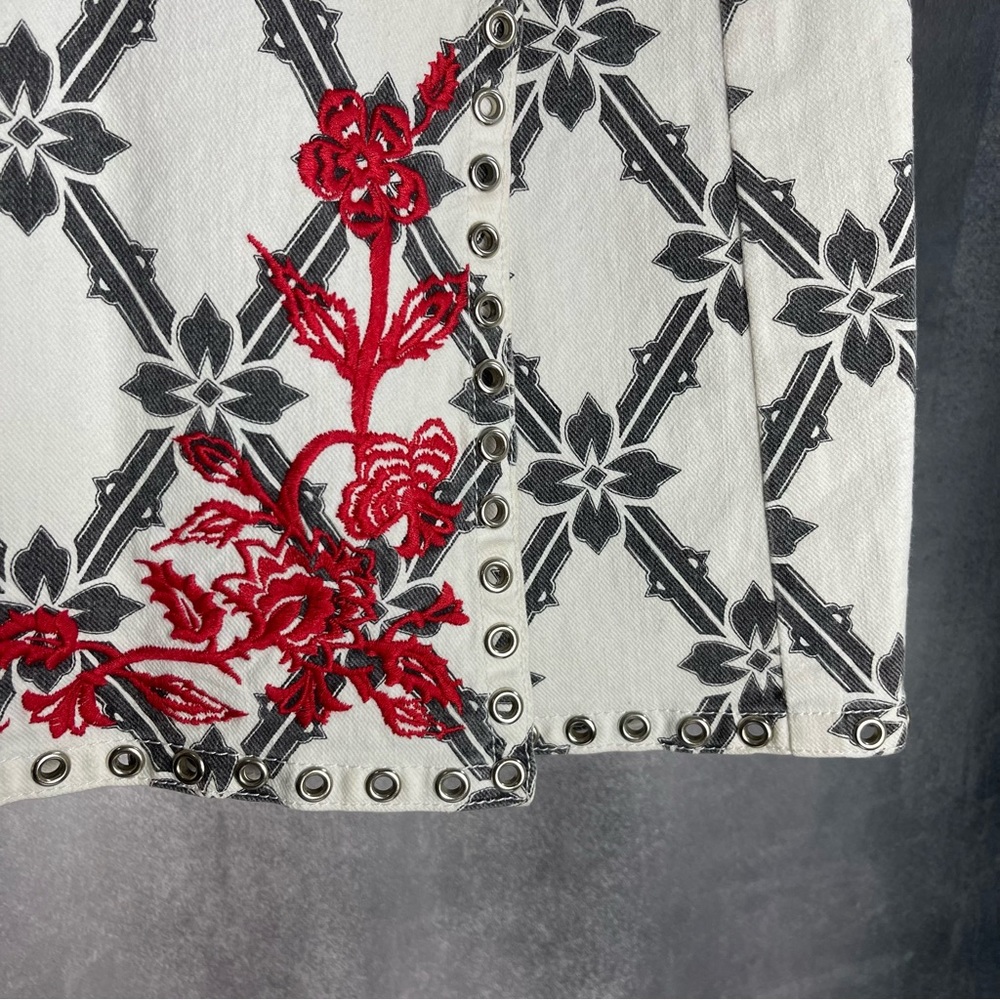Isabel Marant Denim White Skirt w/Black Lattice Print & Red Embroidery - Picture 2 of 7